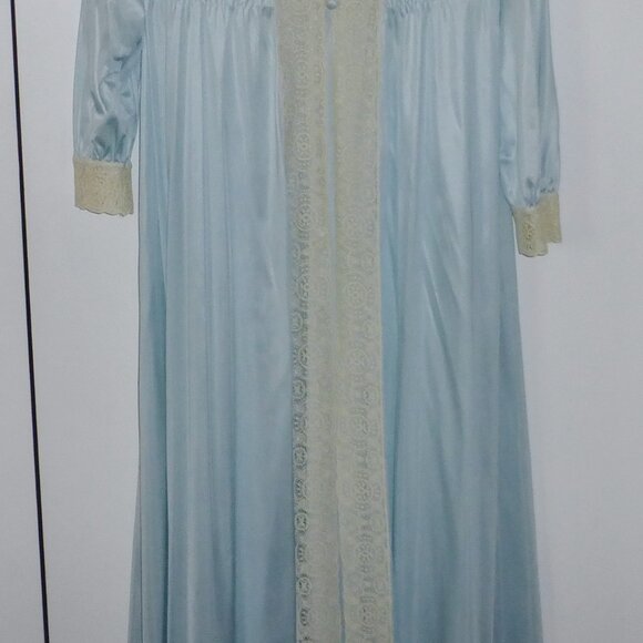 Vintage Miss Elaine Blue Peignoir Robe & Nightgown SET Size Small Ecru Lace USA - Picture 2 of 9